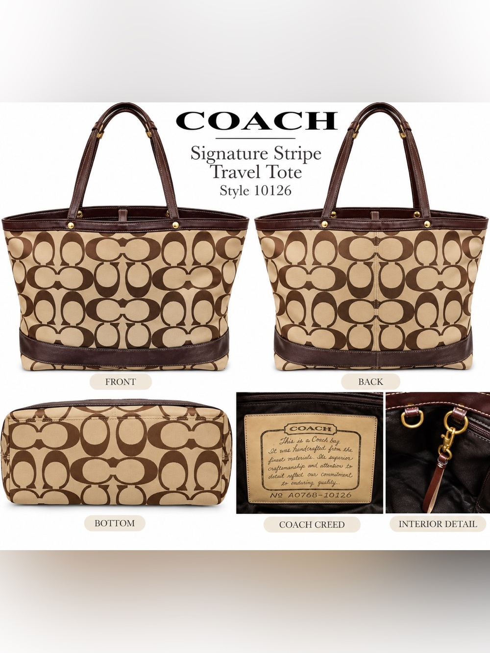 COACH 10126 Signature Stripe XL Travel Tote Brown Vintage Y2K Reversible #112